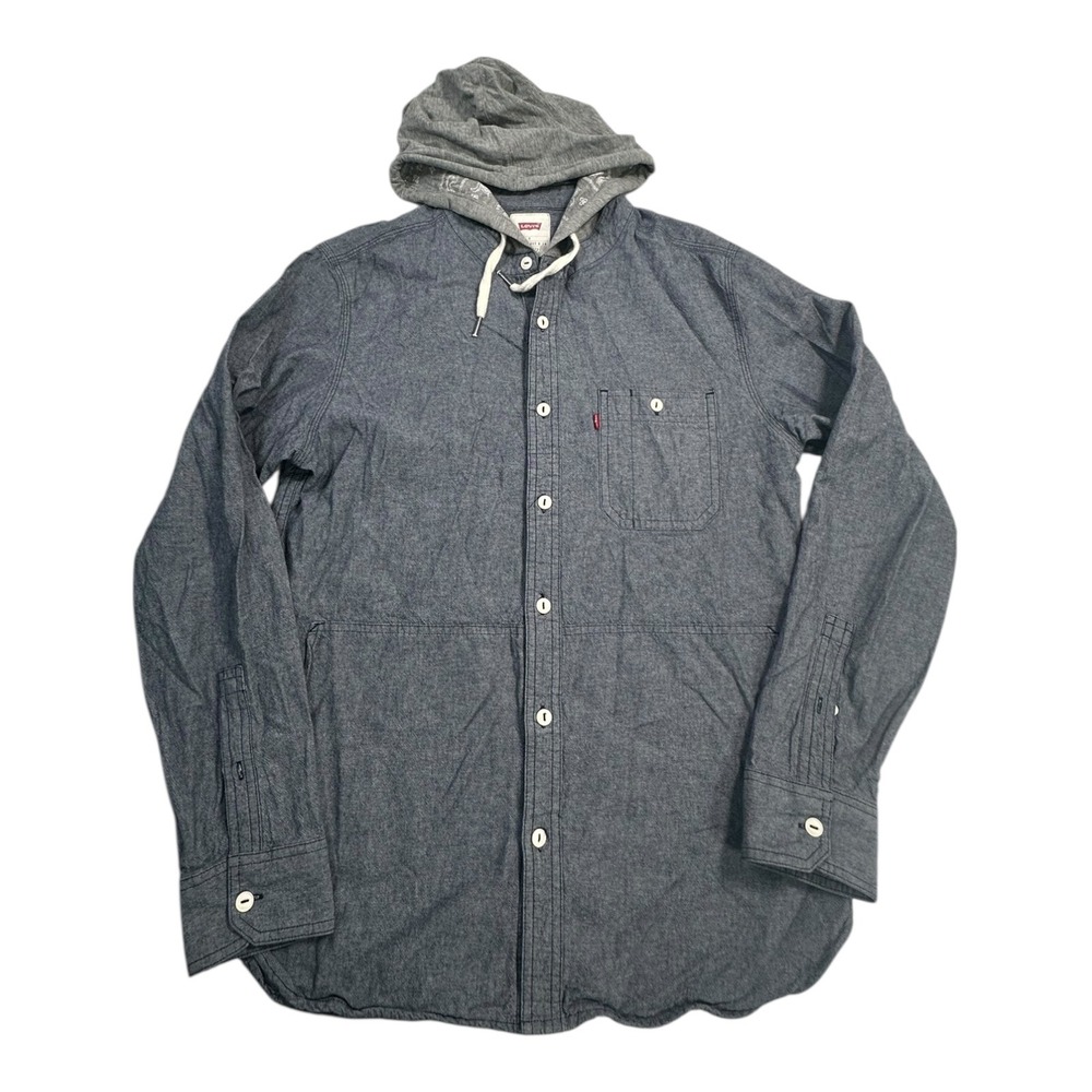 Levi Strauss & Co Mens Chambray Hooded Button Down Shirt Size S Grey Long Sleeve